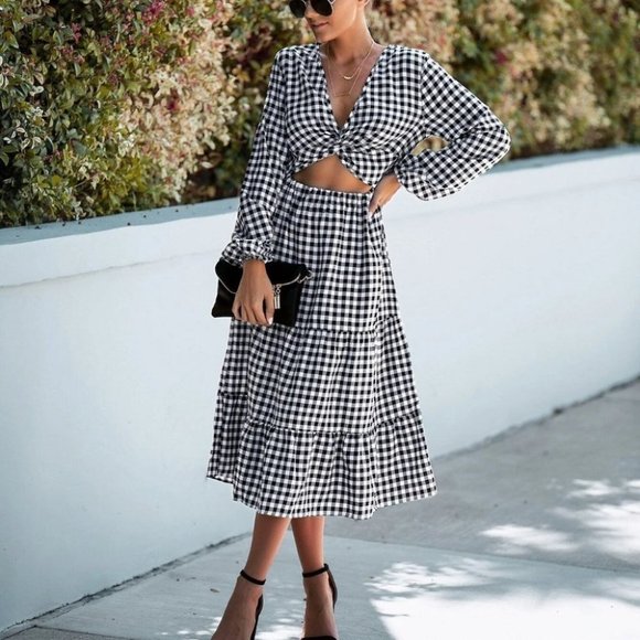 Gingham Twist Cut Out Ruffle Hem Bishop Sleeve Dress - Picture 4 of 4